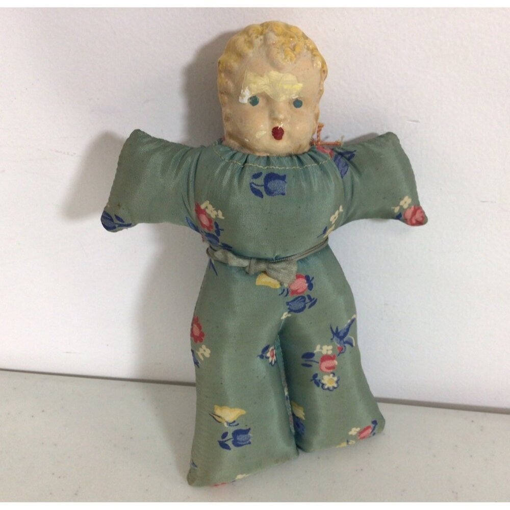Antique Composition Doll Wearing Blue Floral Jumpsuit